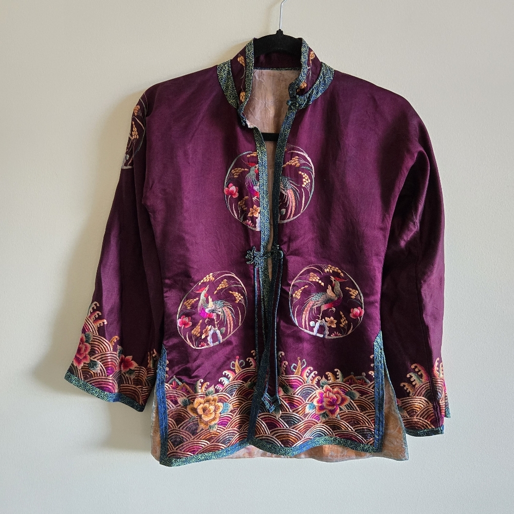 XS Silk Embroidered Chinese-Style Blouse Jacket I magenta purple